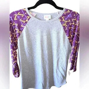 Lularoe large grey Randy baseball‎ T. Purple & yellow aztec sleeve, grey body.